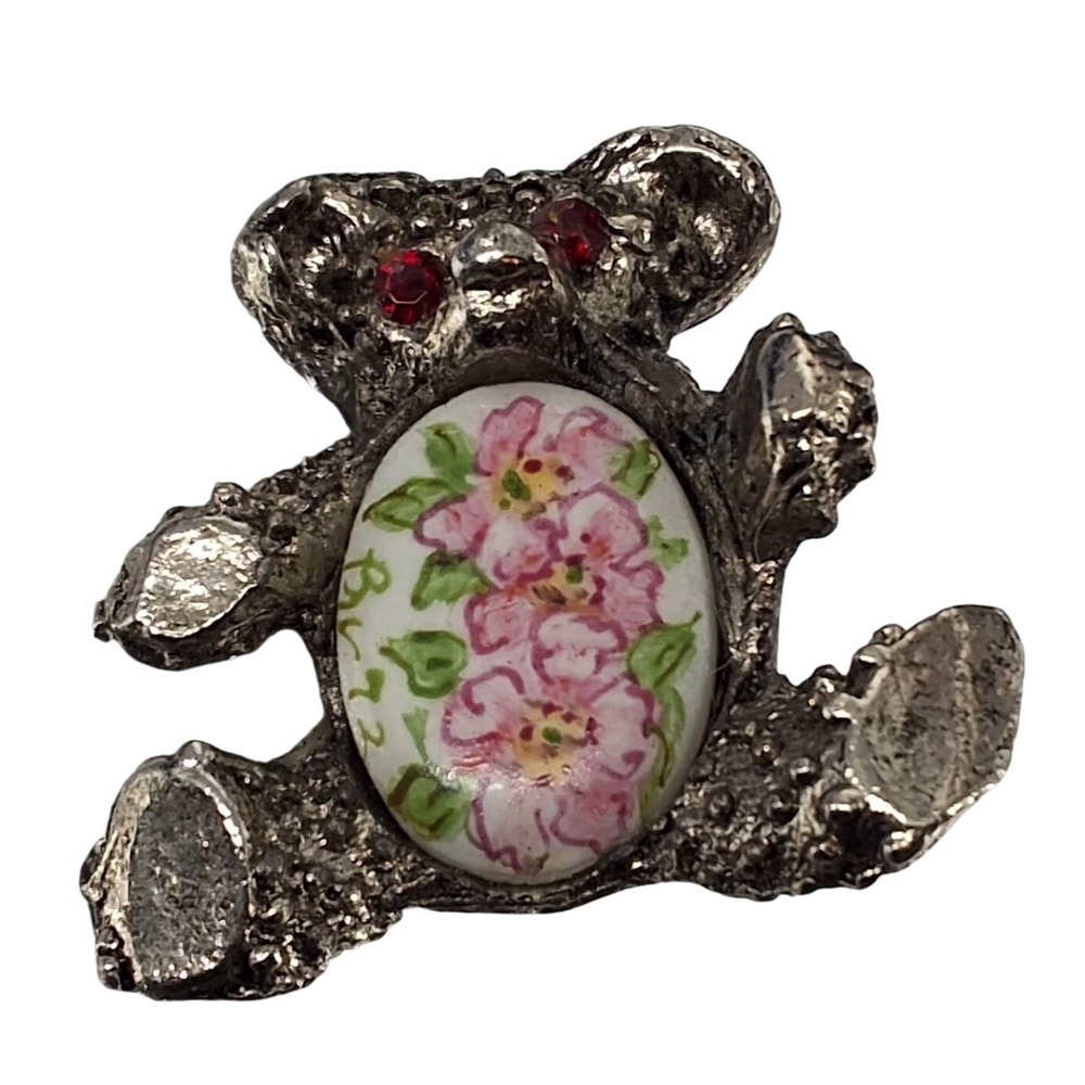 Vintage Silver Tone Teddy Bear Brooch - Porcelain Pink Rose Flower Pin‎